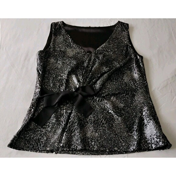 Elie Tahari Tops - Elie Tahari Textured Sequin Blouse Bow V Neck Sleeveless Blend Party Cocktail S